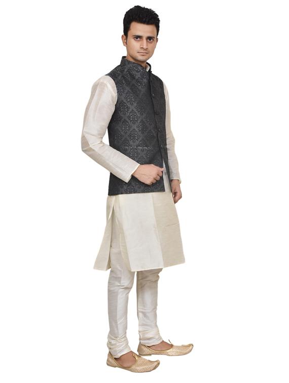 cream silk blend kurta pyjama with jacket ethnic wear set - 19187975 -  Standard Image - 1