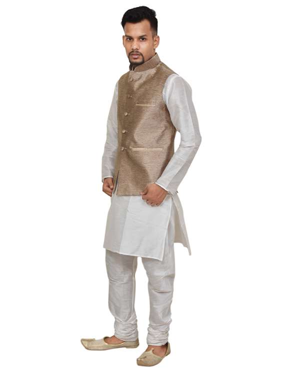 white silk blend kurta pyjama with jacket ethnic wear set - 19187978 -  Standard Image - 1