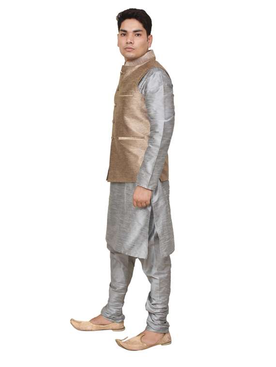 silver silk blend kurta pyjama with jacket ethnic wear set - 19187981 -  Standard Image - 1