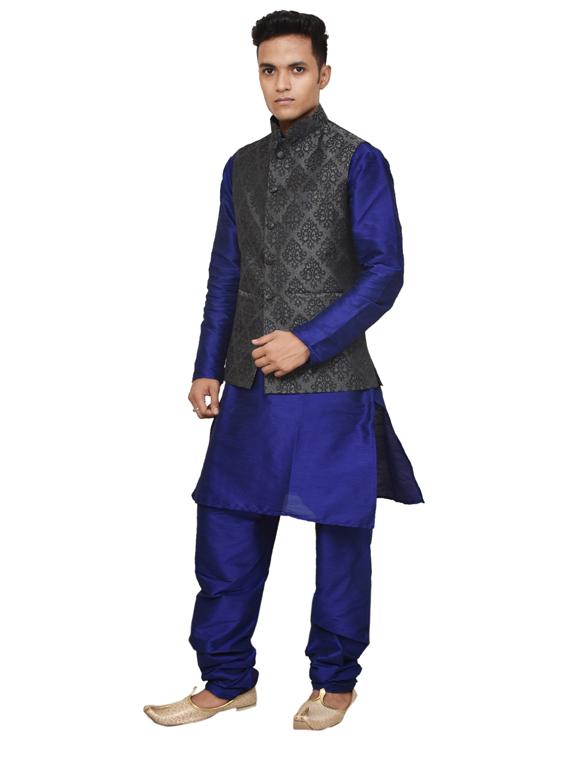 royal blue silk blend kurta pyjama with jacket ethnic wear set - 19187982 - Standard Image - 1