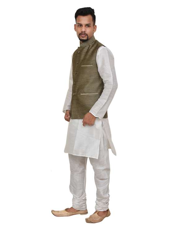 white silk blend kurta pyjama with jacket ethnic wear set - 19187983 -  Standard Image - 1