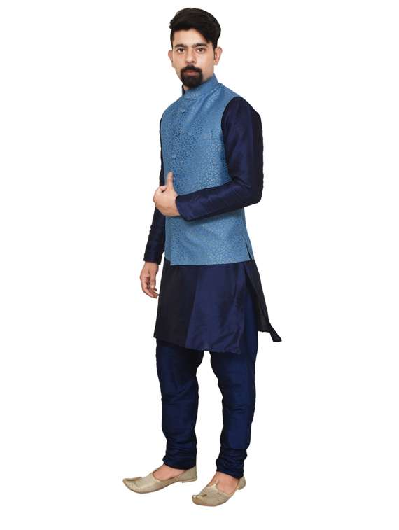 navy blue silk blend kurta pyjama with jacket ethnic wear set - 19187984 - Standard Image - 1