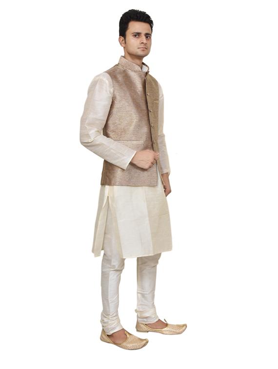 cream silk blend kurta pyjama with jacket ethnic wear set - 19187985 - Standard Image - 1