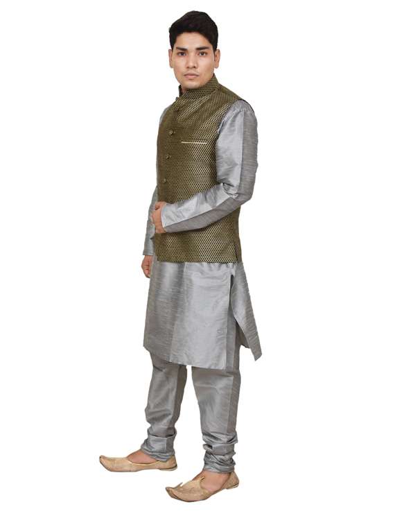 silver silk blend kurta pyjama with jacket ethnic wear set - 19187986 -  Standard Image - 1