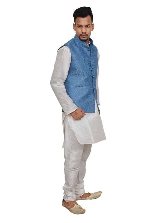 white silk blend kurta pyjama with jacket ethnic wear set - 19187987 -  Standard Image - 1