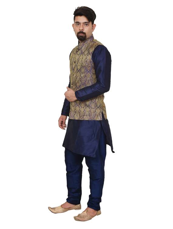 navy blue silk blend kurta pyjama with jacket ethnic wear set - 19187988 -  Standard Image - 1