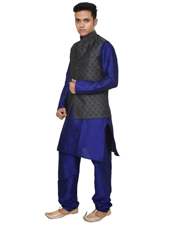 royal blue silk blend kurta pyjama with jacket ethnic wear set - 19187990 - Standard Image - 1