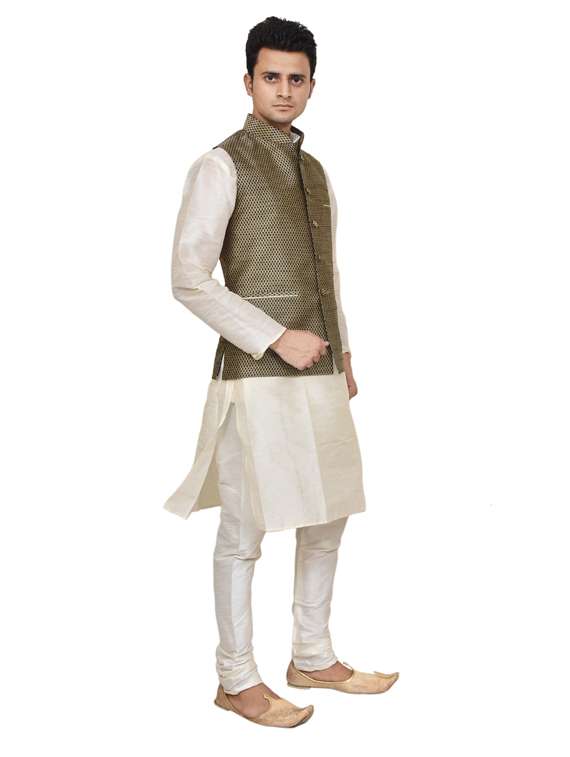 cream silk blend kurta pyjama with jacket ethnic wear set - 19187991 -  Standard Image - 1