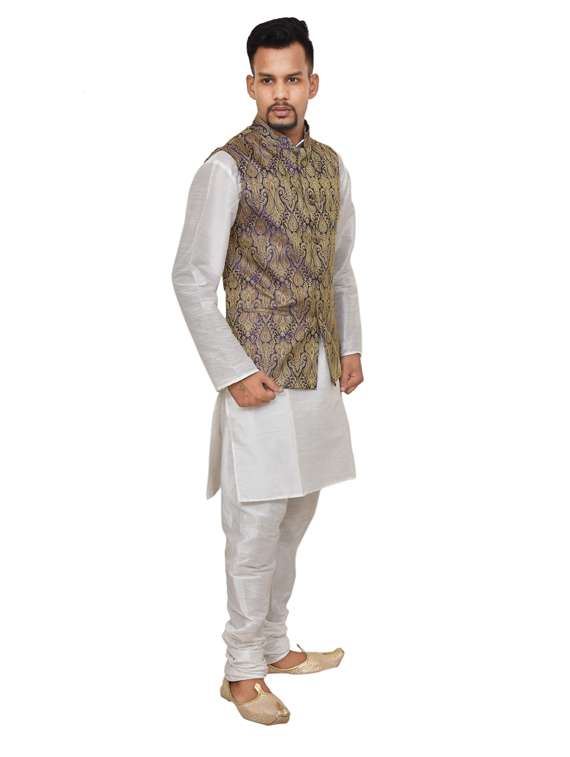 white silk blend kurta pyjama with jacket ethnic wear set - 19187993 -  Standard Image - 1