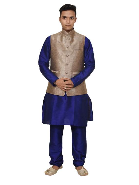 royal blue silk blend kurta pyjama with jacket ethnic wear set