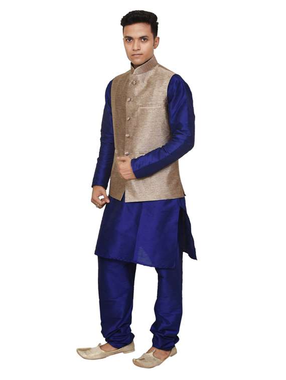 royal blue silk blend kurta pyjama with jacket ethnic wear set - 19187994 -  Standard Image - 1