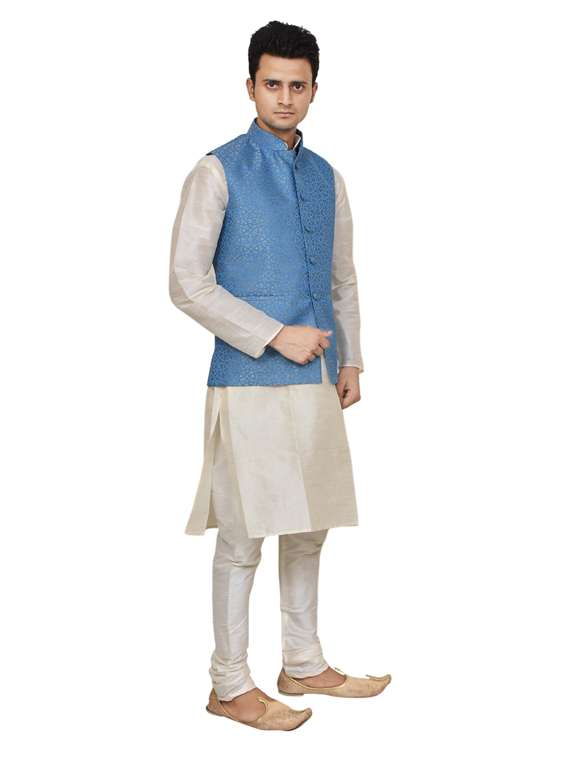 cream silk blend kurta pyjama with jacket ethnic wear set - 19187995 -  Standard Image - 1