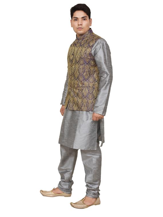 silver silk blend kurta pyjama with jacket ethnic wear set - 19187996 - Standard Image - 1