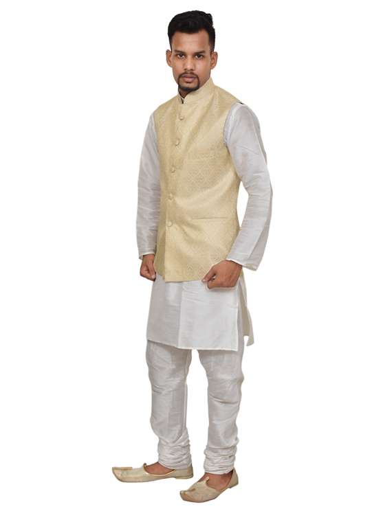 white silk blend kurta pyjama with jacket ethnic wear set - 19187998 -  Standard Image - 1