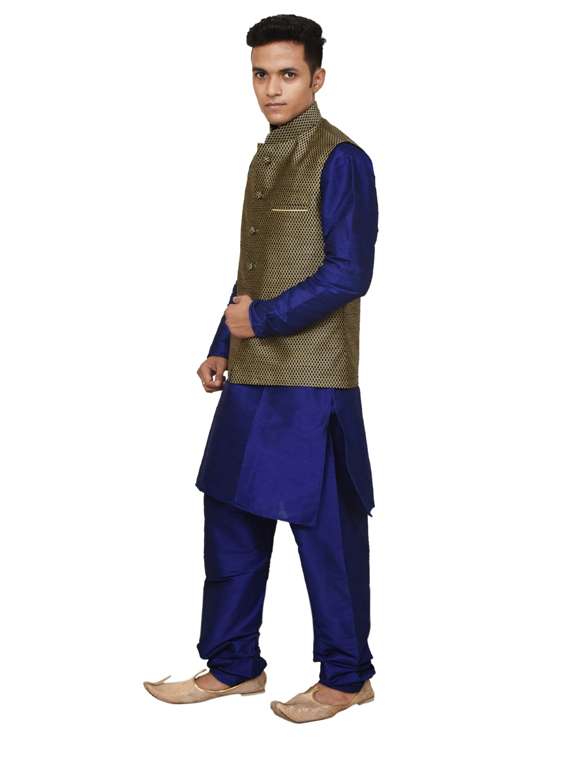 royal blue silk blend kurta pyjama with jacket ethnic wear set - 19187999 - Standard Image - 1