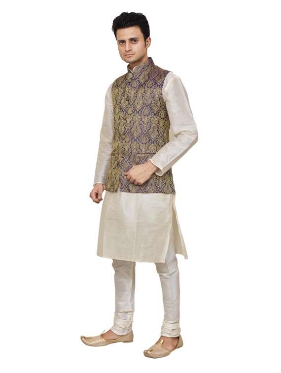cream silk blend kurta pyjama with jacket ethnic wear set - 19188000 -  Standard Image - 1
