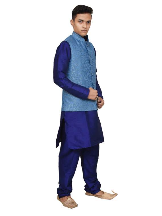 royal blue silk blend kurta pyjama with jacket ethnic wear set - 19188002 -  Standard Image - 1