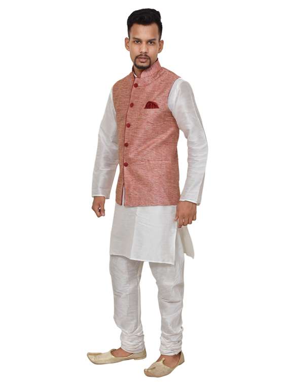 white silk blend kurta pyjama with jacket ethnic wear set - 19188003 -  Standard Image - 1