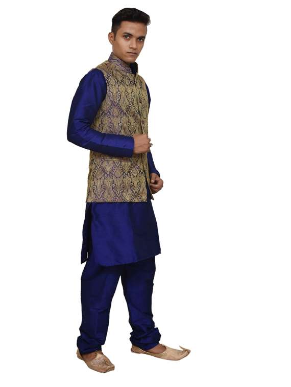 royal blue silk blend kurta pyjama with jacket ethnic wear set - 19188006 -  Standard Image - 1