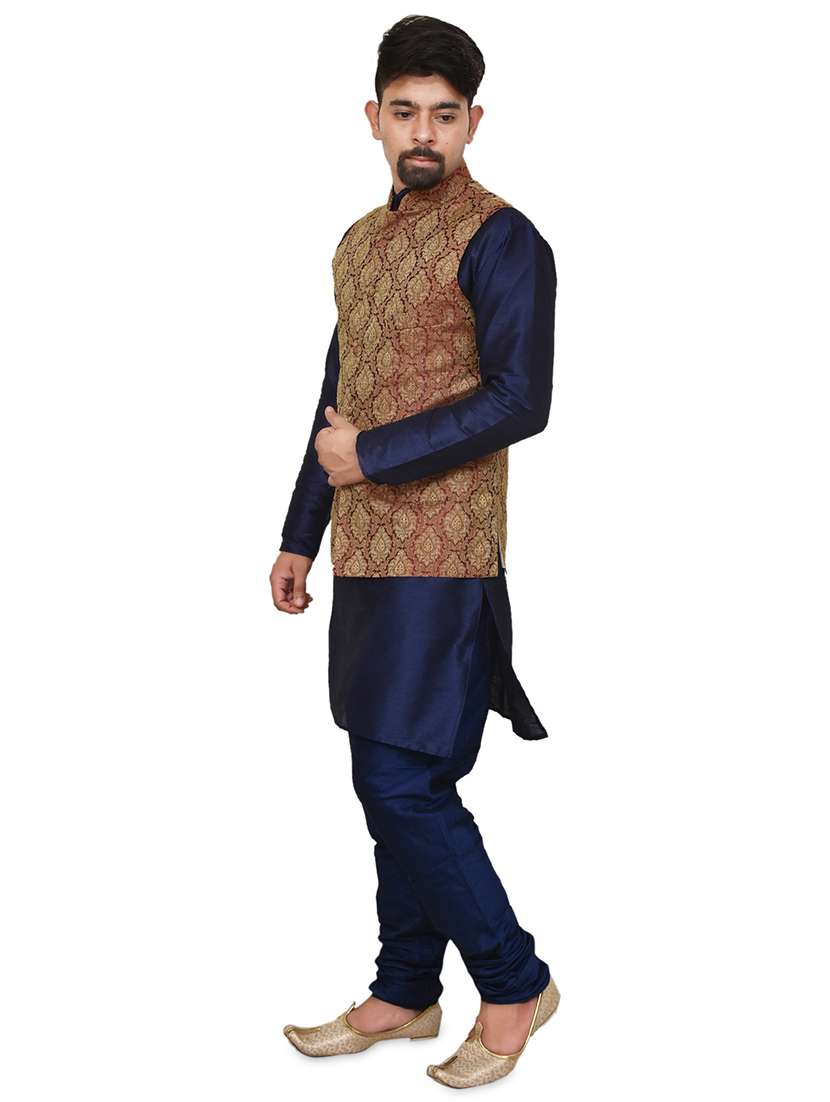 navy blue silk blend kurta pyjama with jacket ethnic wear set - 19188008 -  Standard Image - 1