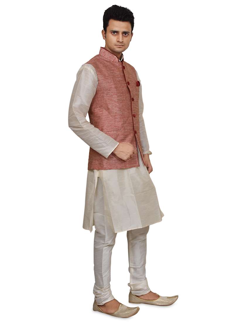 cream silk blend kurta pyjama with jacket ethnic wear set - 19188009 -  Standard Image - 1