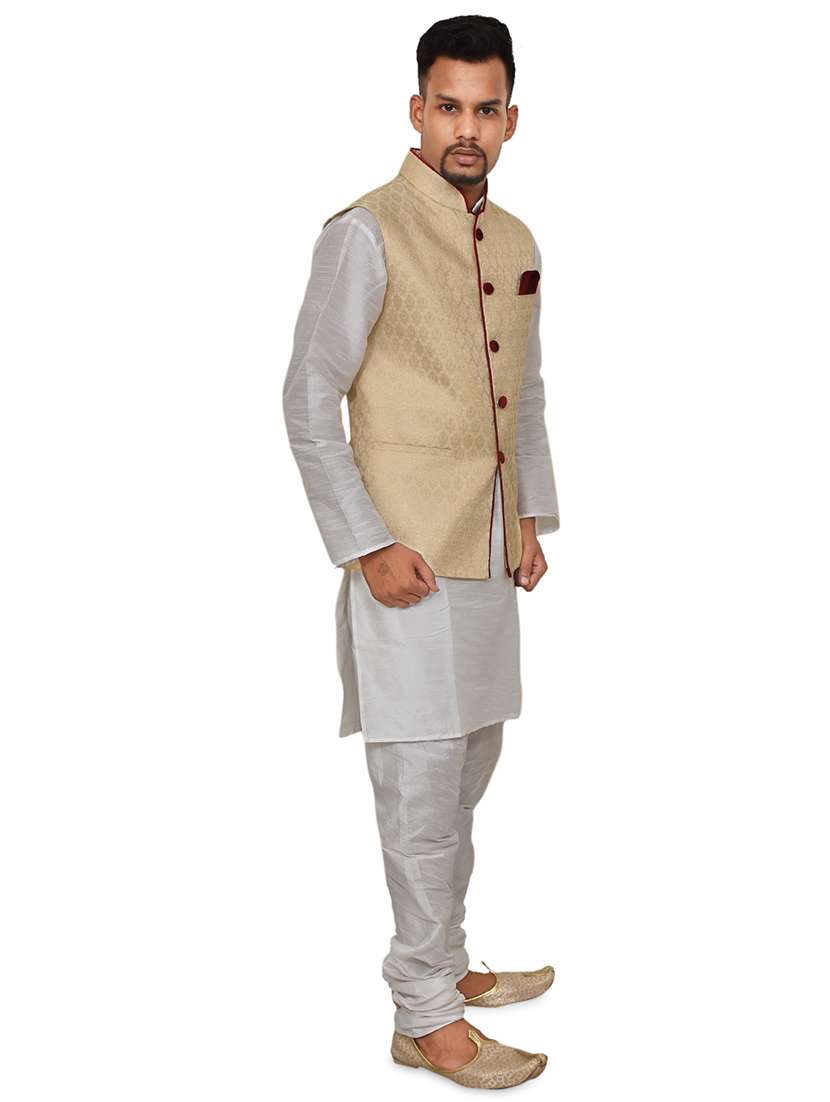 white silk blend kurta pyjama with jacket ethnic wear set - 19188010 -  Standard Image - 1