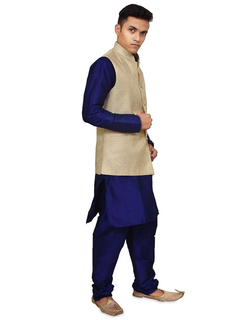 royal blue silk blend kurta pyjama with jacket ethnic wear set - 19188011 -  Standard Image - 1