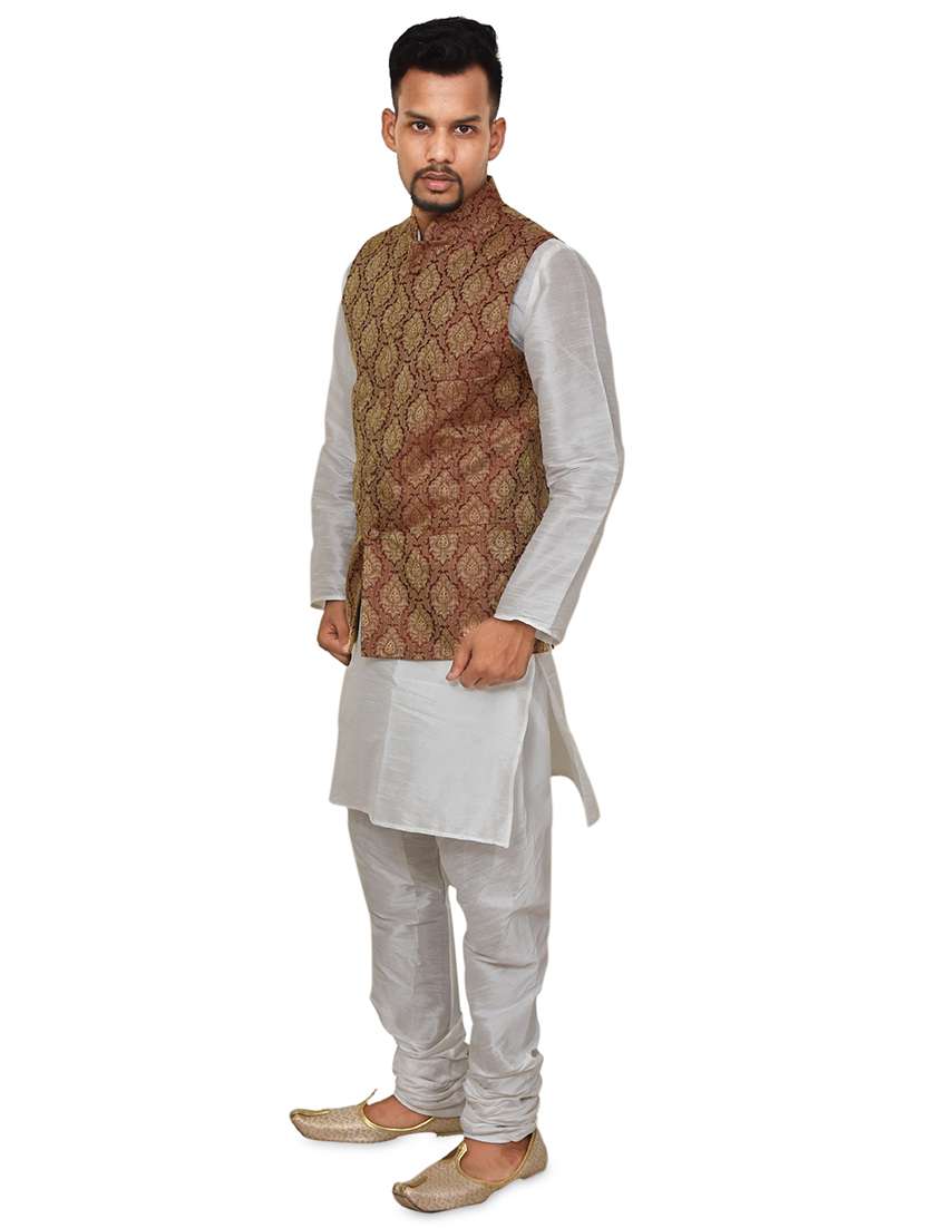 white silk blend kurta pyjama with jacket ethnic wear set - 19188012 -  Standard Image - 1