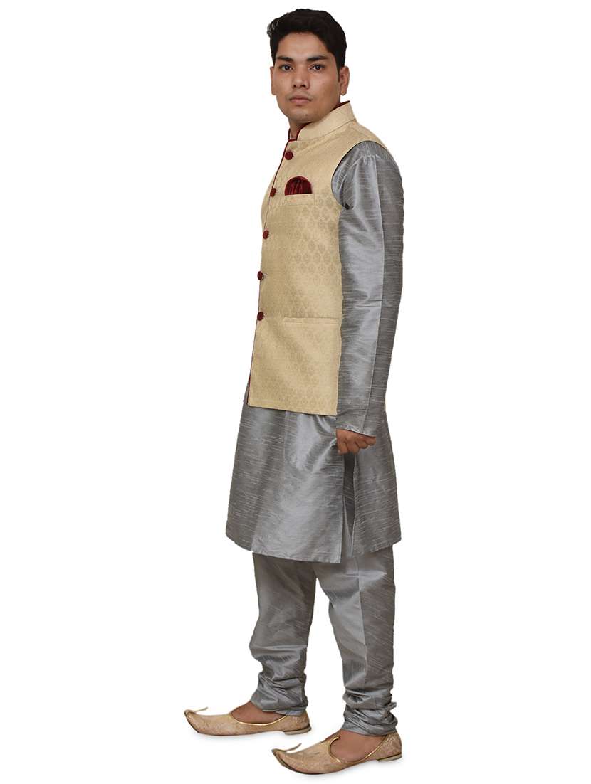 silver silk blend kurta pyjama with jacket ethnic wear set - 19188013 - Standard Image - 1