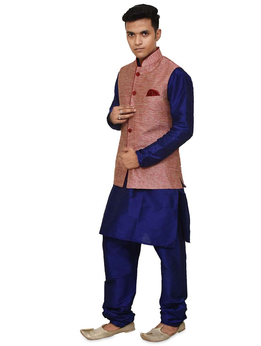 royal blue silk blend kurta pyjama with jacket ethnic wear set - 19188014 -  Standard Image - 1