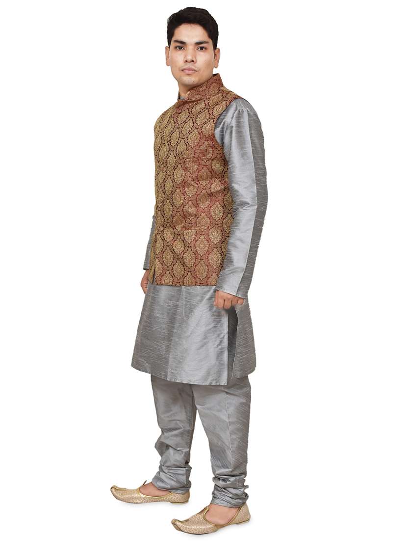 silver silk blend kurta pyjama with jacket ethnic wear set - 19188016 - Standard Image - 1
