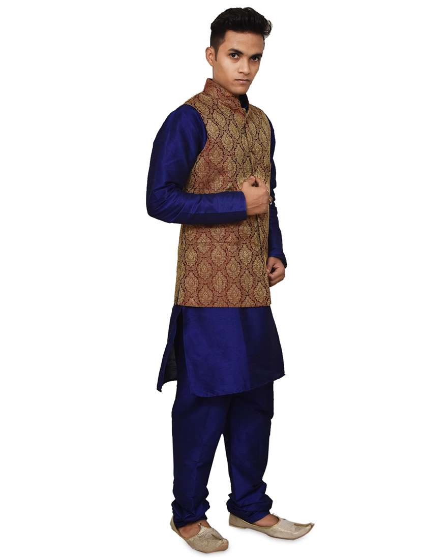 royal blue silk blend kurta pyjama with jacket ethnic wear set - 19188019 -  Standard Image - 1