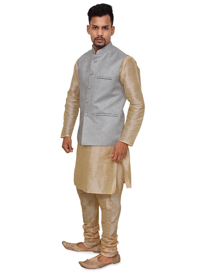 gold silk blend kurta pyjama with jacket ethnic wear set - 19188020 -  Standard Image - 1