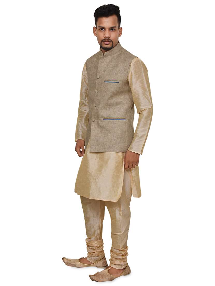 gold silk blend kurta pyjama with jacket ethnic wear set - 19188023 -  Standard Image - 1