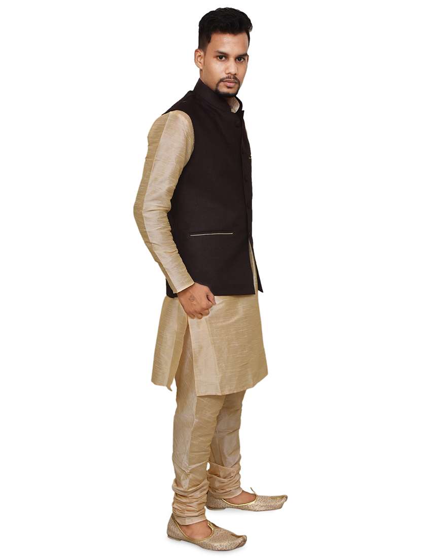 gold silk blend kurta pyjama with jacket ethnic wear set - 19188026 -  Standard Image - 1