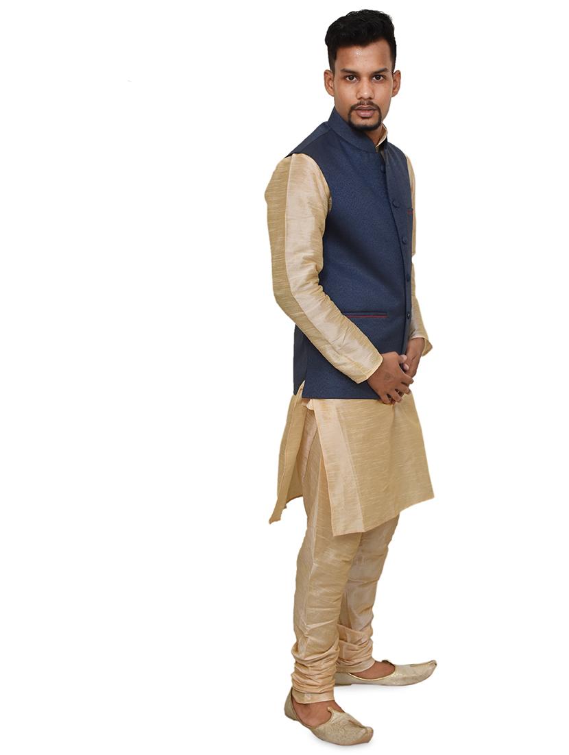 gold silk blend kurta pyjama with jacket ethnic wear set - 19188030 -  Standard Image - 1
