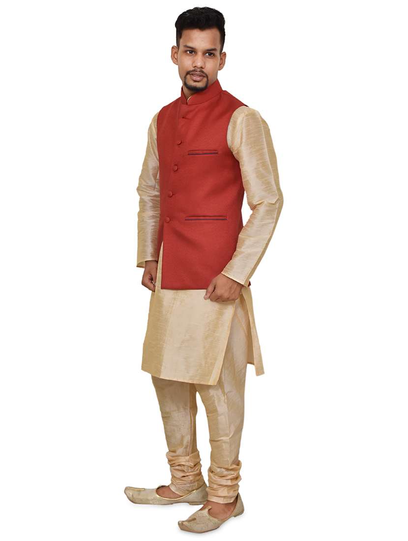 gold silk blend kurta pyjama with jacket ethnic wear set - 19188034 - Standard Image - 1
