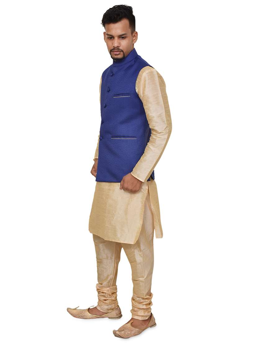 gold silk blend kurta pyjama with jacket ethnic wear set - 19188038 -  Standard Image - 1