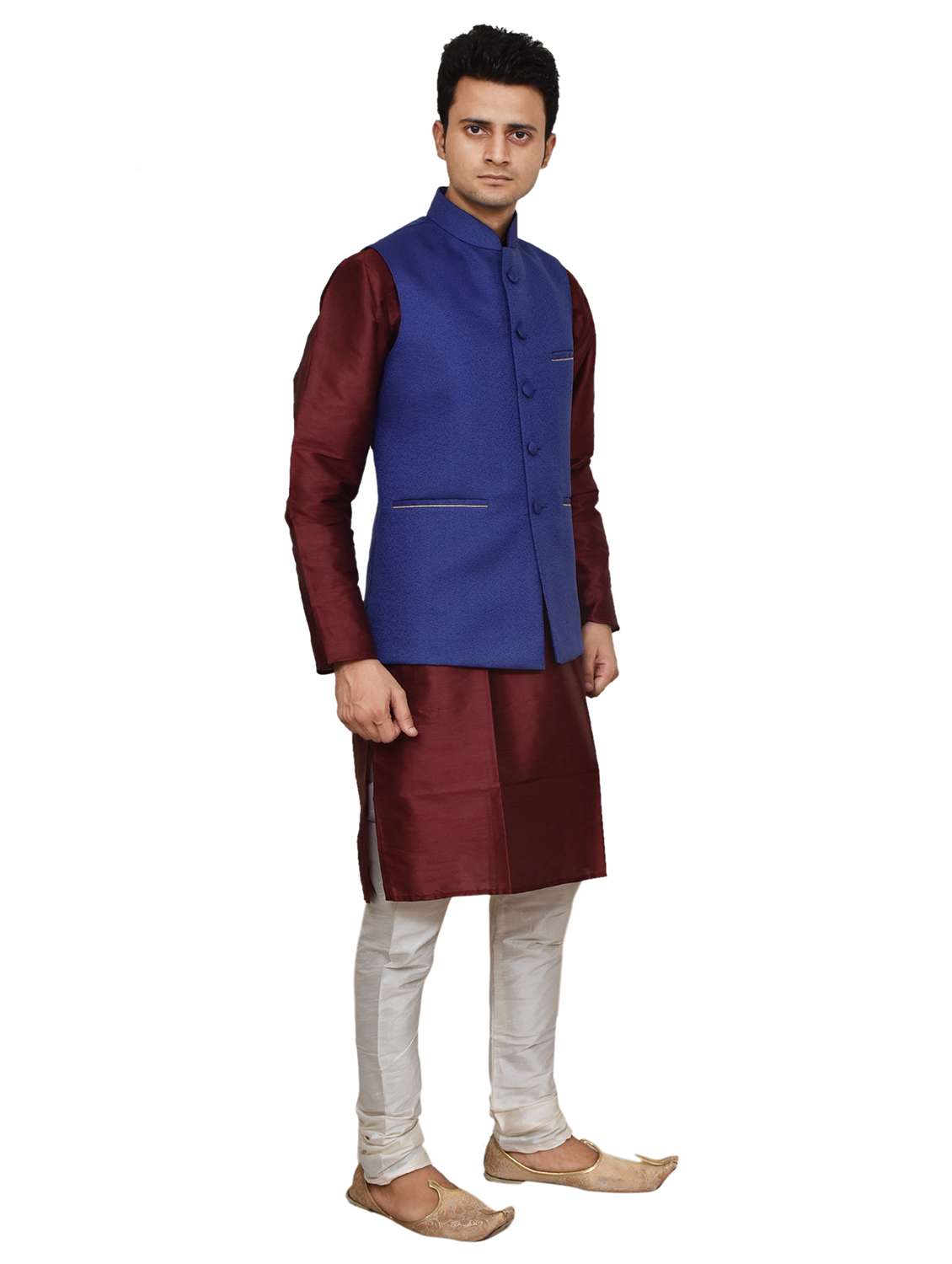 maroon silk blend kurta pyjama with jacket - 19188046 -  Standard Image - 1