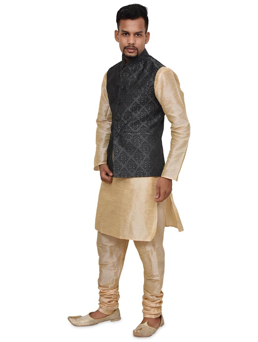 gold silk blend kurta pyjama with jacket ethnic wear set - 19188050 -  Standard Image - 1