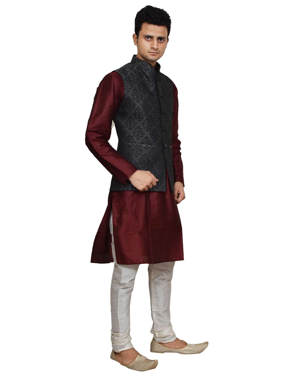 maroon silk blend kurta pyjama with jacket - 19188057 - Standard Image - 1