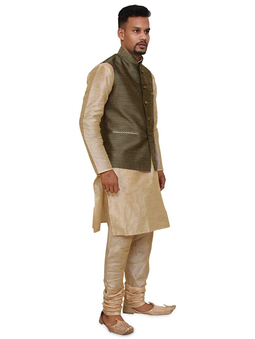 gold silk blend kurta pyjama with jacket ethnic wear set - 19188059 -  Standard Image - 1