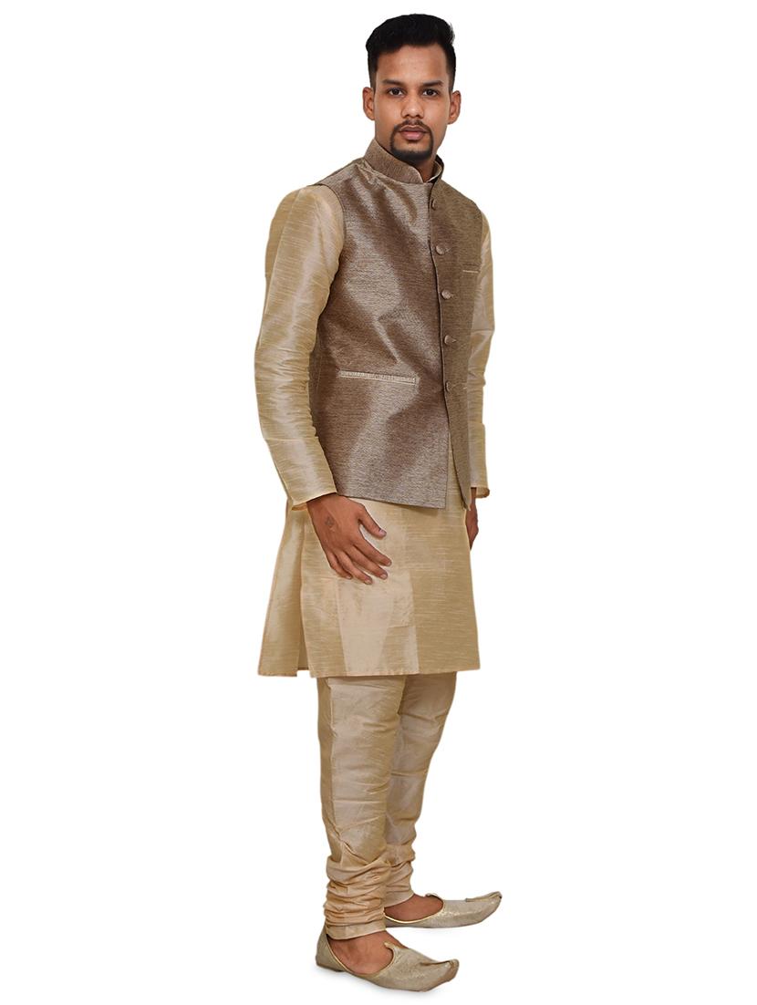 gold silk blend kurta pyjama with jacket ethnic wear set - 19188066 -  Standard Image - 1
