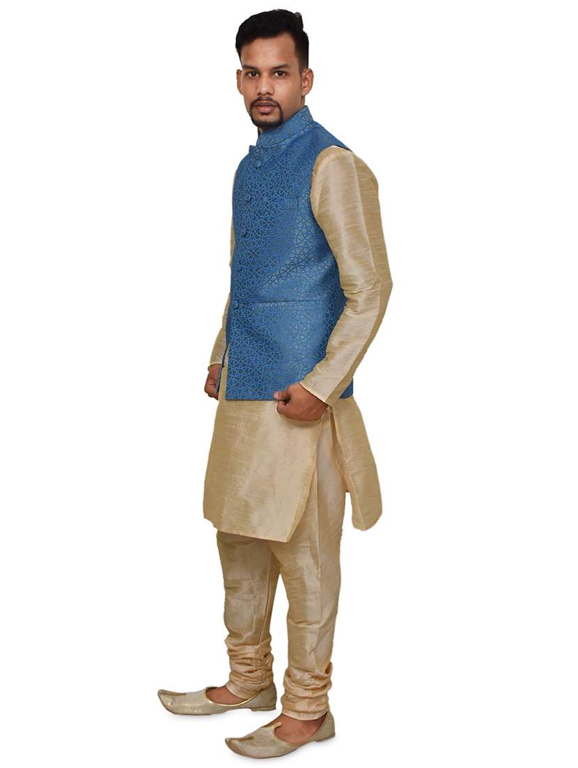 gold silk blend kurta pyjama with jacket ethnic wear set - 19188069 -  Standard Image - 1