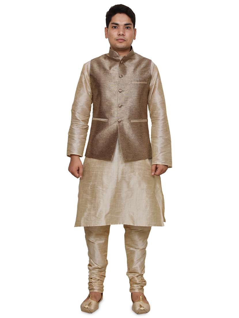 double tone silk blend kurta pyjama with jacket ethnic wear set