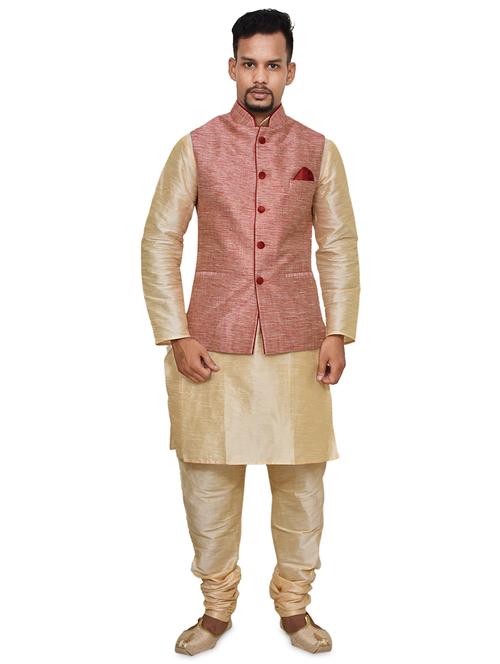 gold silk blend kurta pyjama with jacket ethnic wear set - 19188072 - Standard Image - 0