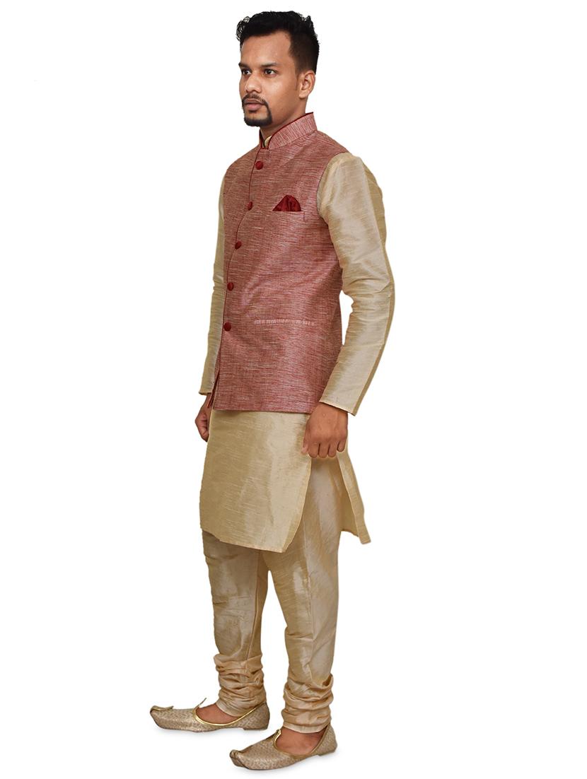 gold silk blend kurta pyjama with jacket ethnic wear set - 19188072 -  Standard Image - 1