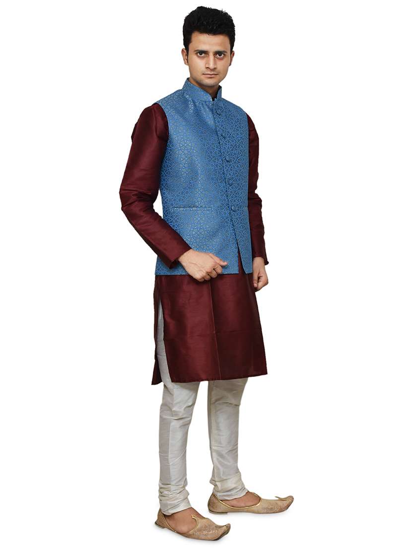 maroon silk blend kurta pyjama with jacket ethnic wear set - 19188075 -  Standard Image - 1
