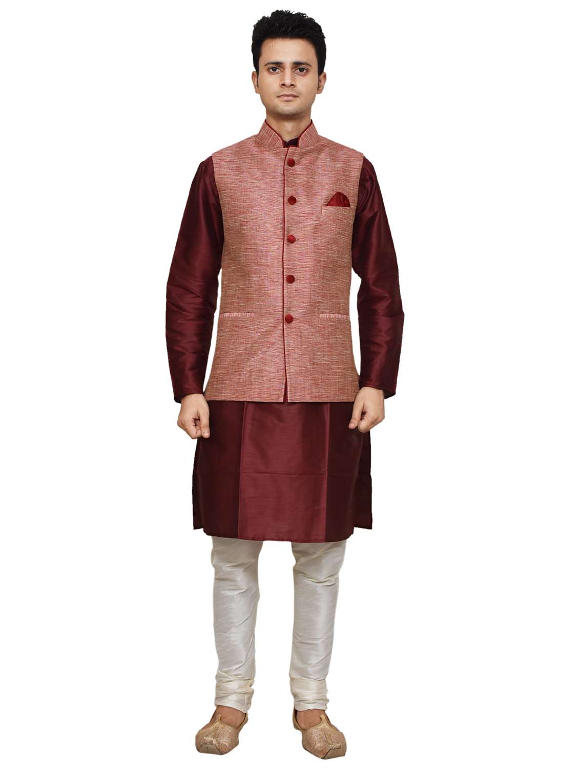 maroon silk blend kurta pyjama with jacket 