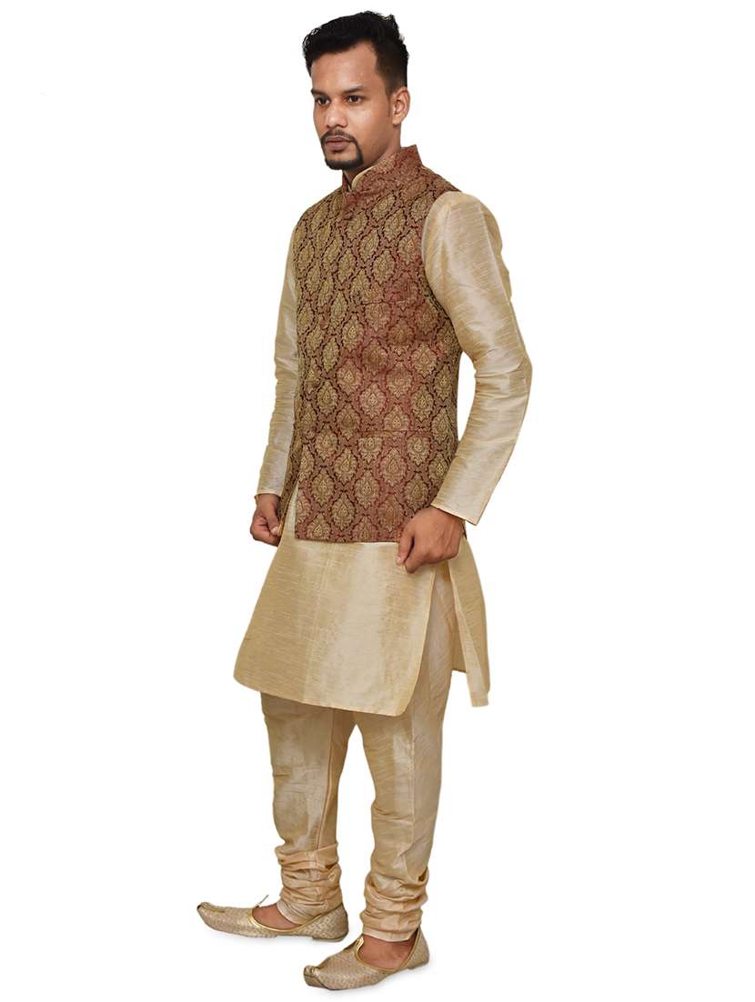 gold silk blend kurta pyjama with jacket ethnic wear set - 19188079 -  Standard Image - 1